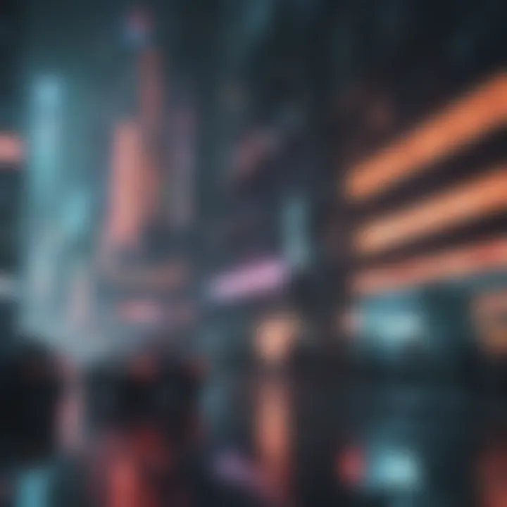 Abstract digital artwork of a cyberpunk cityscape