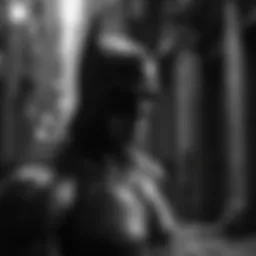 A powerful depiction of Batman in a dark alley, showcasing his iconic silhouette against the cityscape.