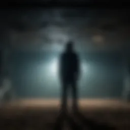 A darkened scene depicting the Upside Down with eerie lighting and shadows.