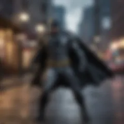 Batman figurine with striking pose against a cityscape background