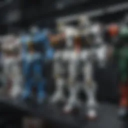 Diverse selection of Gundam model kits displayed on a shelf