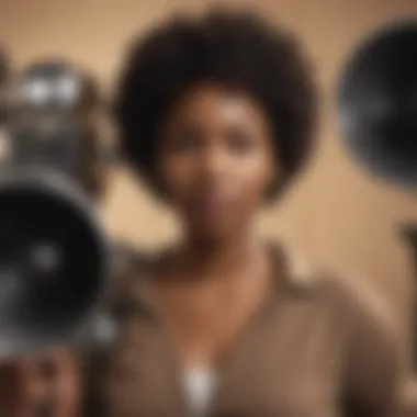 Black woman holding a megaphone with film reels in the background