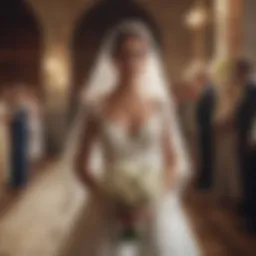 Elegant bride in a stunning gown walking down the aisle with a bouquet