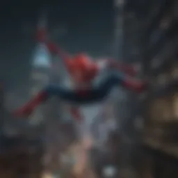 Spider-Man swinging through city skyline at night