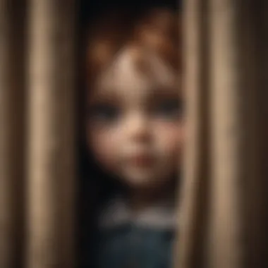 Creepy Doll Peering Through a Tattered Curtain