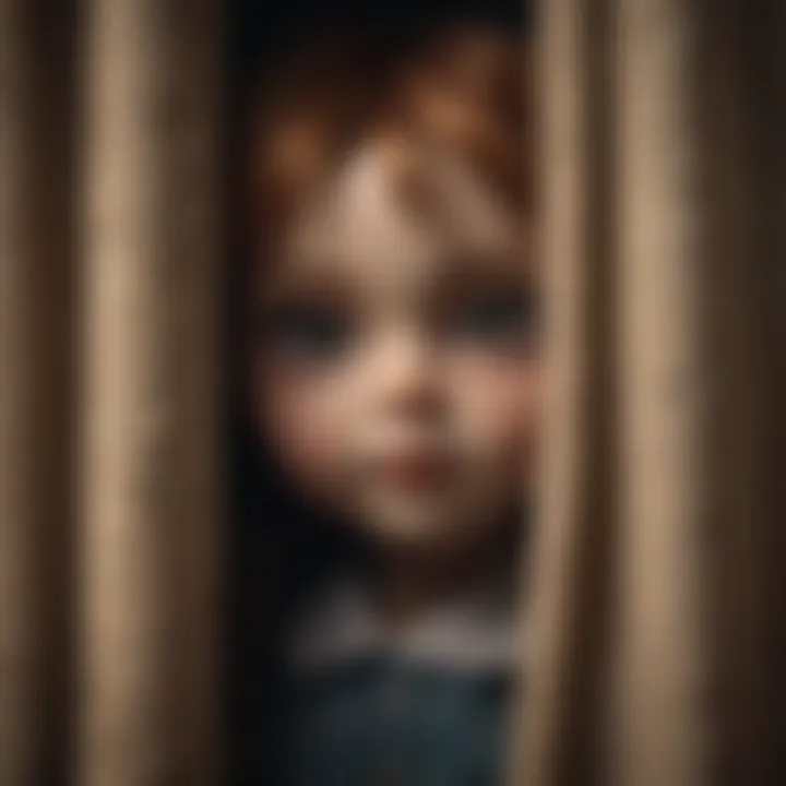 Creepy Doll Peering Through a Tattered Curtain