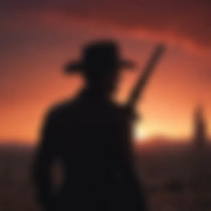 Mysterious Gunslinger silhouetted against a crimson sky