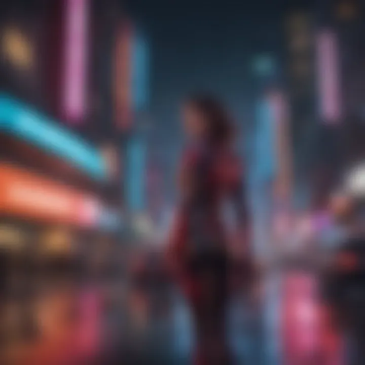 Artistic portrayal of a futuristic cityscape with neon lights and flying hero