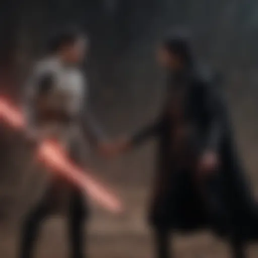 A striking visual representation of the conflict between Rey and Kylo Ren, symbolizing the struggle between legacy and choice.
