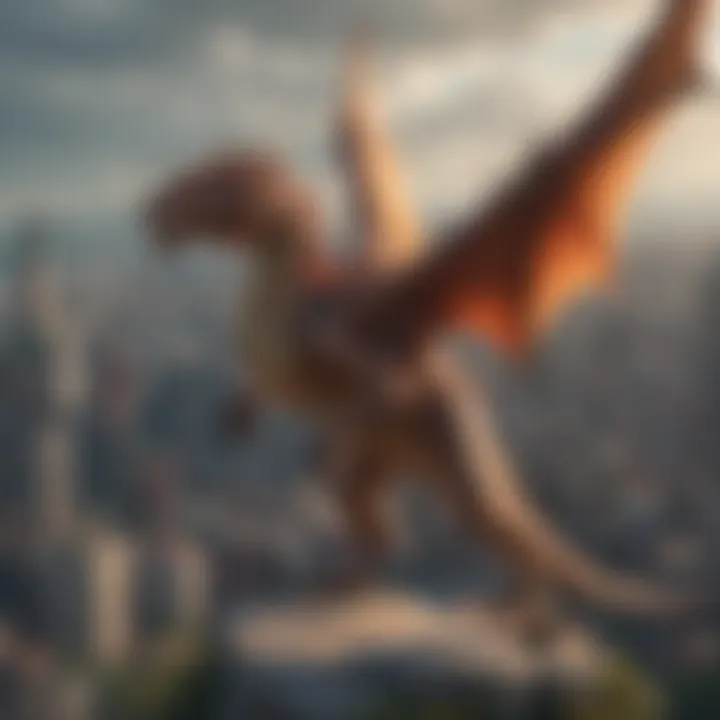 A majestic dragon soaring above a cityscape, symbolizing power and wisdom.