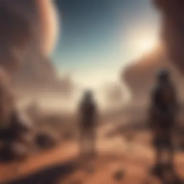 Illustration of a group of explorers encountering alien lifeforms on a mysterious planet