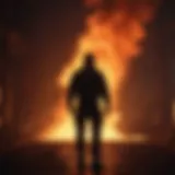 Dynamic silhouette of a lone figure against a fiery backdrop