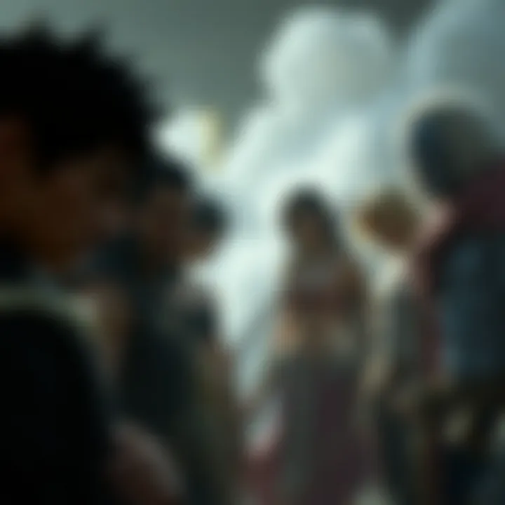 Cinematic portrayal of the main characters gathered at a pivotal moment.