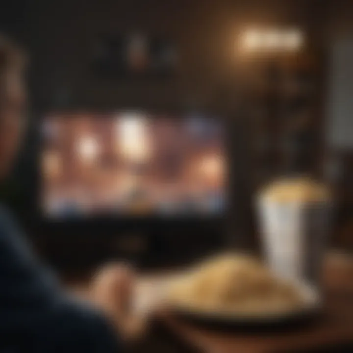 A viewer enjoying a movie night with popcorn and a screen displaying Amazon Prime Video