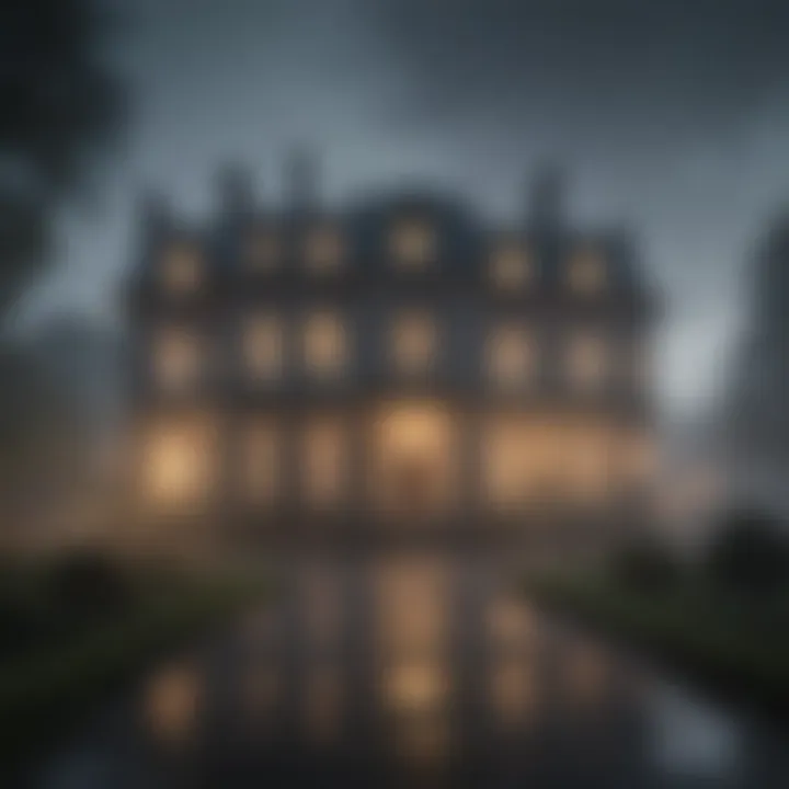 Elegant British mansion shrouded in mist at dawn