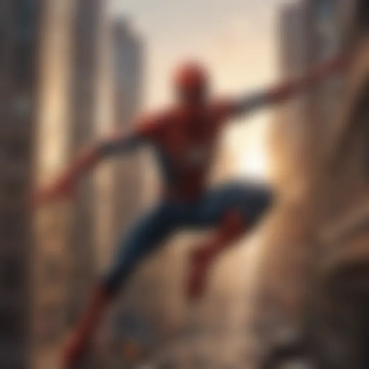 Spider-Man swinging through the city at sunset