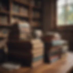 A wide selection of books displayed on a rustic wooden table