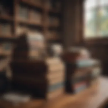 A wide selection of books displayed on a rustic wooden table