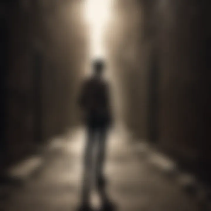 Striking image of a character facing a daunting challenge in a dimly lit alley