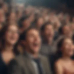 A whimsical illustration of a laughing audience in a theater, immersed in a comedy show.