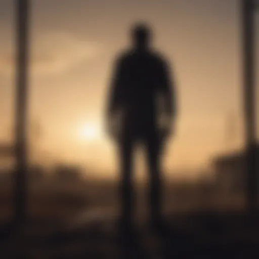 Eerie silhouette of a lone figure against a post-apocalyptic backdrop