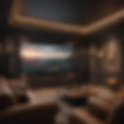 A cozy home theater setup with a large screen displaying a classic film