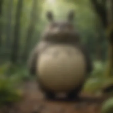 The iconic Totoro character standing in a tranquil forest setting