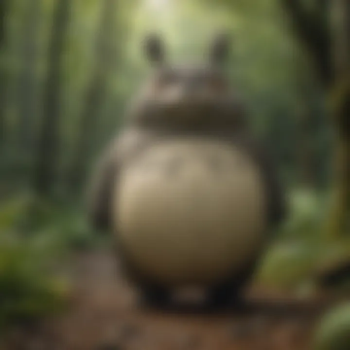 The iconic Totoro character standing in a tranquil forest setting