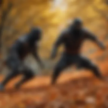 Rival Ninja Clans in Swirling Leaf Battle Epic showdown between rival ninja clans amidst swirling leaves