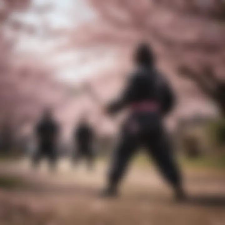 Master sensei training young ninja under the cherry blossoms