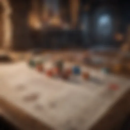 A vibrant digital tabletop setup showcasing character sheets and virtual dice