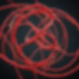 Illustration representing intertwined red strings in a cosmic dance