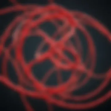 Illustration representing intertwined red strings in a cosmic dance