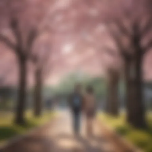 A serene moment from a romantic anime showcasing two characters under cherry blossoms
