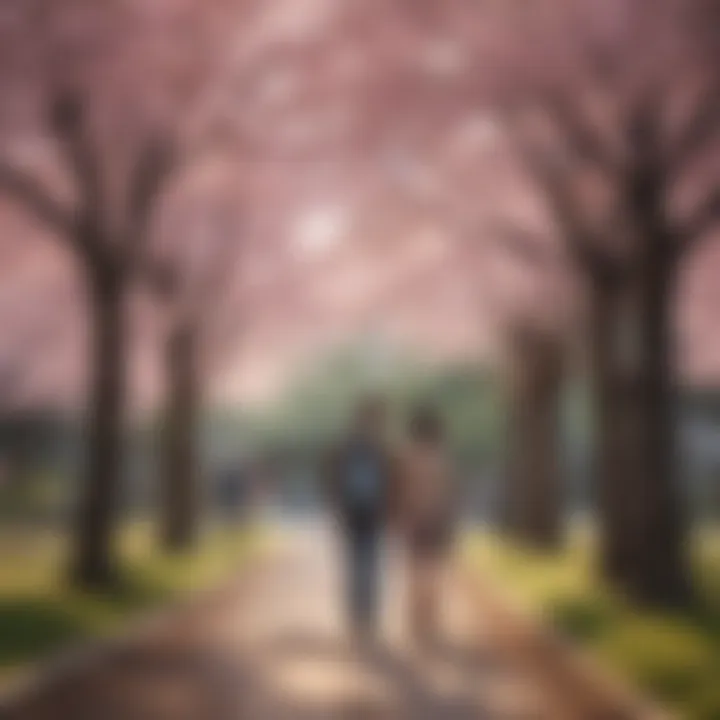 A serene moment from a romantic anime showcasing two characters under cherry blossoms