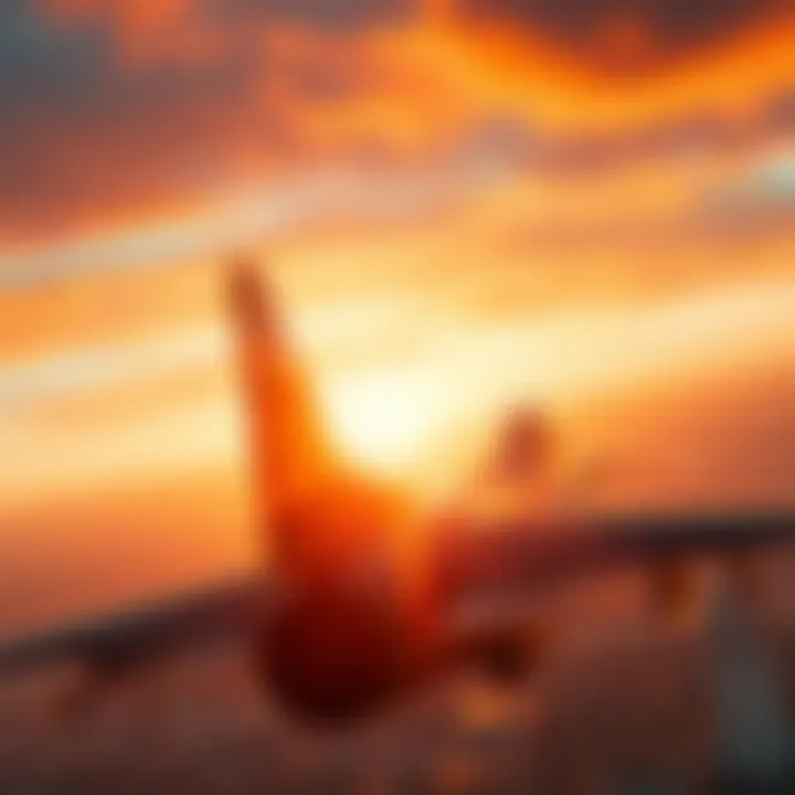 A stunning view of a fighter jet soaring through a vibrant sunset.