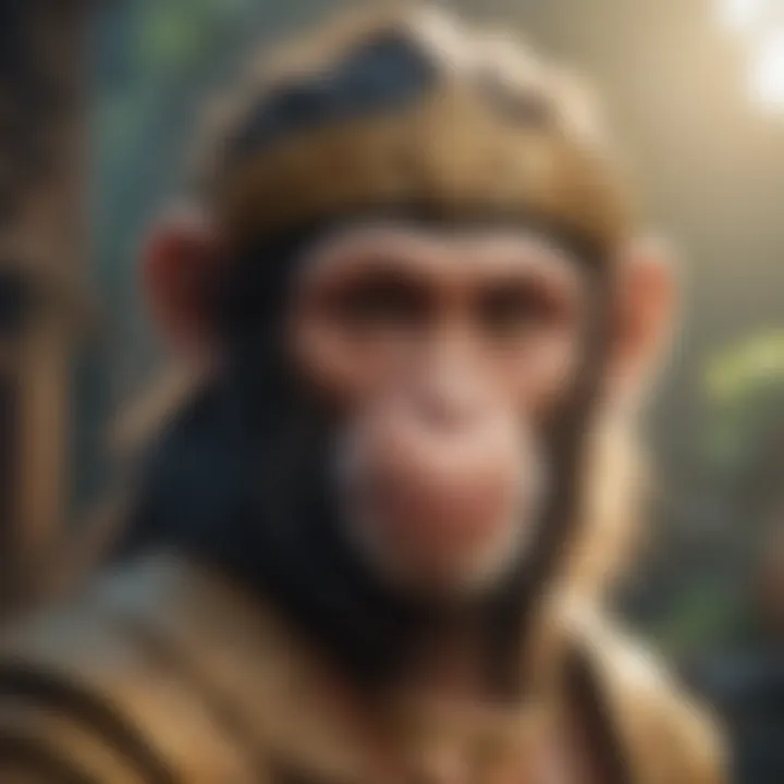 A cinematic depiction of a monkey prince character in a fantasy film setting.