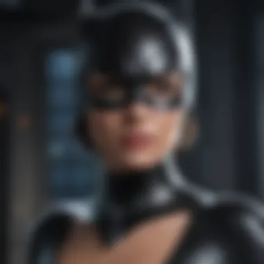 A close-up of Catwoman's costume detailing