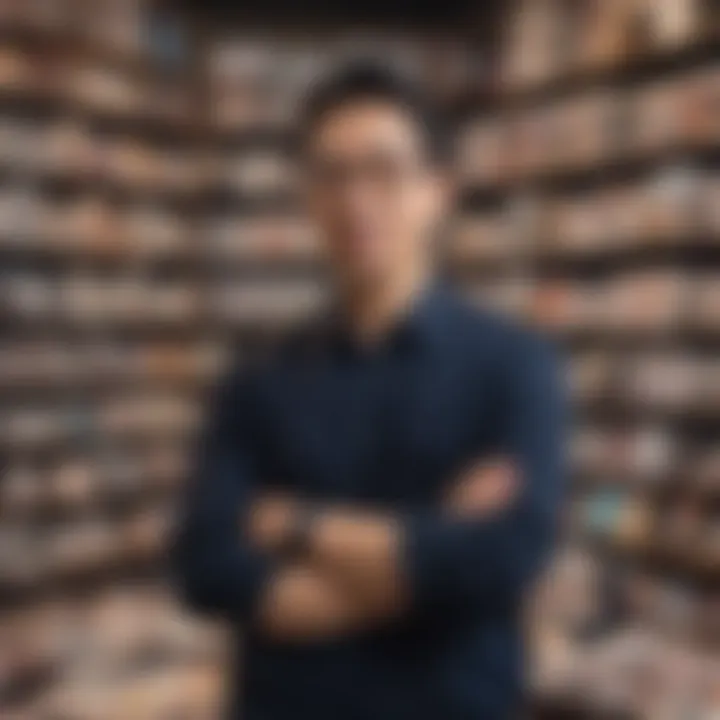 Portrait of a renowned manga creator surrounded by their works