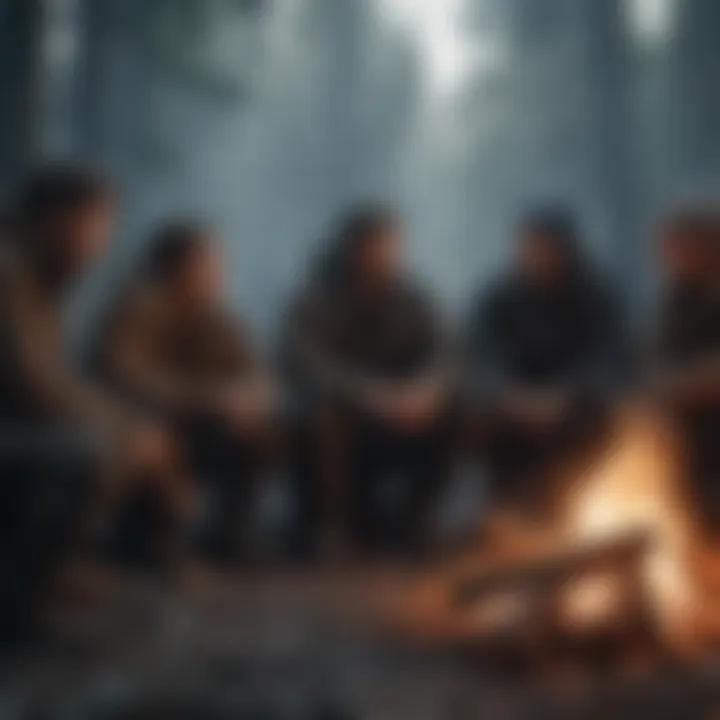 A group of survivors strategizing around a campfire