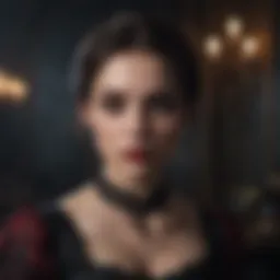 A dark, atmospheric portrayal of a Vampire Diane in a gothic setting