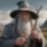 A majestic depiction of Gandalf wielding his staff against the backdrop of Middle-earth.