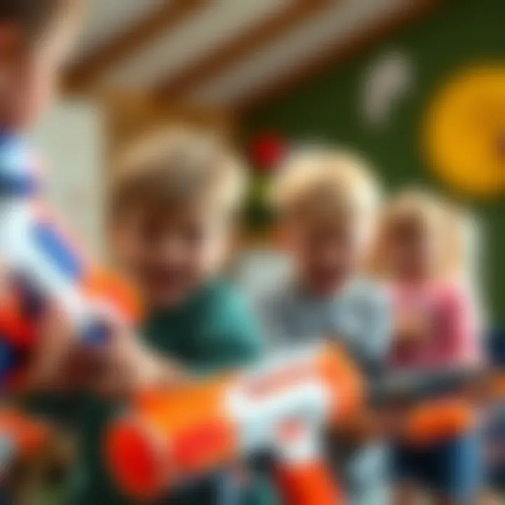 A vibrant scene of children enjoying a Nerf gun battle