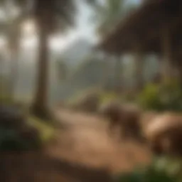 A vibrant landscape of the Jumanji game world filled with exotic creatures