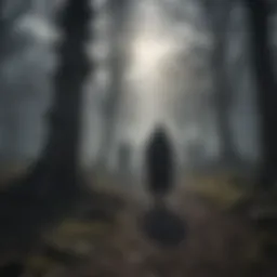 A haunting medieval landscape with eerie shadows and undead figures lurking.