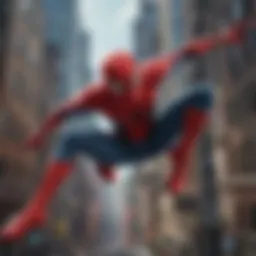A dynamic illustration of Spider-Man swinging through a modern cityscape