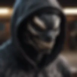 Close-up of the intricate design on the Primitive Venom Hoodie showcasing its unique art style