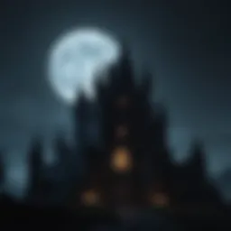 A haunted castle silhouette against a moonlit sky