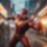 A vibrant comic book scene depicting superheroes in action
