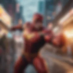 A vibrant comic book scene depicting superheroes in action